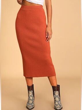 Lulu's Ribbed High-Waist Midi Skirt in Rust Orange